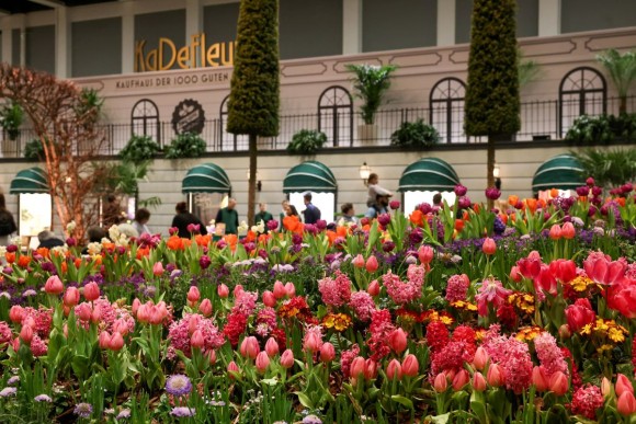  Ein Feld bunter Tulpen vor der Kulisse eines Gebäudes im Stil der 20er Jahre.