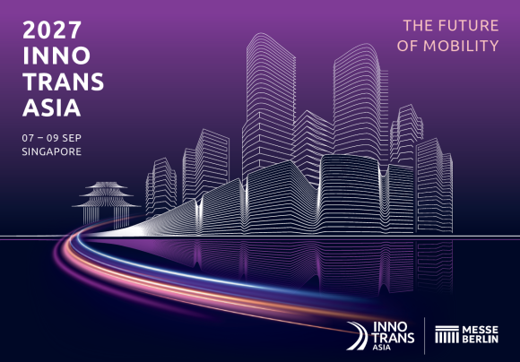 Leuchtende Linienzeichnung einer futuristischen Stadt mit Hochhäusern und einer Kurve aus Lichtspuren vor violettem Hintergrund mit Text zu InnoTrans Asia 2027 in Singapur.