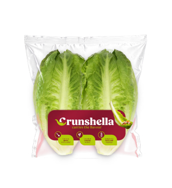 Packaged Crunshella lettuce heads with spoon-shaped, crisp leaves in transparent film.
