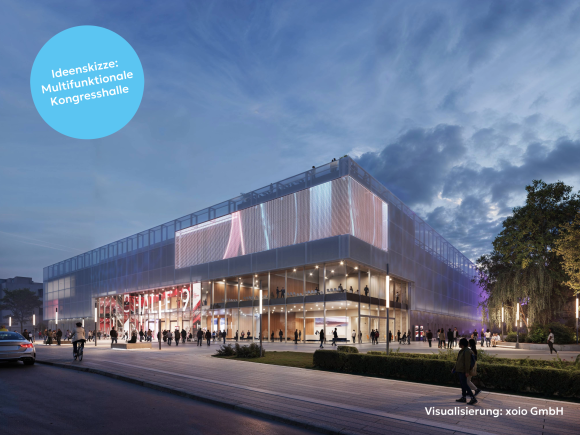 Brightly lit, modern congress hall in an urban setting