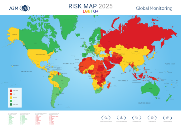 The LGBTQ+ Risk Map 2025 published by A3M Global Monitoring shows the varying levels of risk worldwide for queer travellers. The colour scale ranges from “very high-risk” (red) to “low-risk“ (green) a