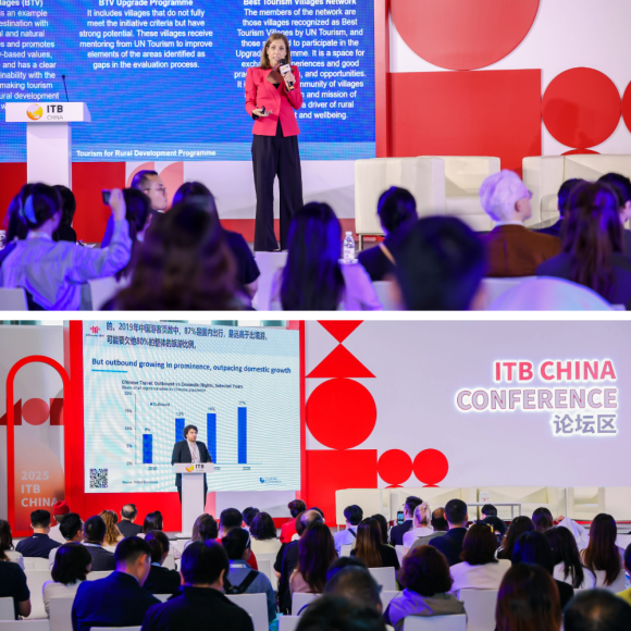 A collage of two ITB China Conference scenes: a woman in a pink blazer speaking on a colorful stage, and a presenter showing charts to a full audience.